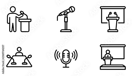 Public Speaking Icons Set, Presentation Microphones, Podium and Conference Symbols, Speech Vector Graphics for Business and Education