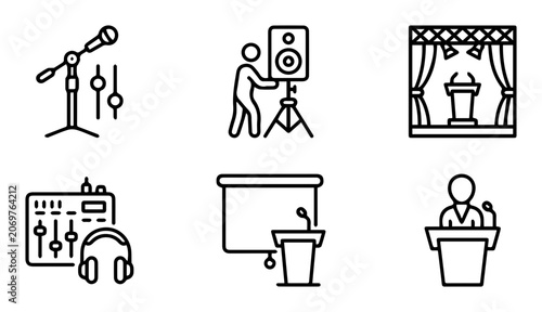 Presentation and Audio Equipment Icons: Microphone, Speaker, Sound Mixer, Stage, Podium, Conference Set
