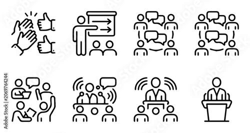 Business Meeting Icons Set: Presentation, Discussion, Audience, Speaker, Applause, Collaboration, Communication, Speech, Q&A, Teamwork, Professional Graphics