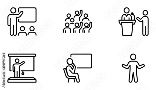 Presentation Icons Set, Teaching and Learning Symbols, Audience Engagement Graphics, Public Speaking and Education Vector Collection