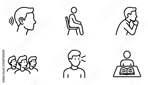 Human Behavior Icons: Listening, Sitting, Thinking, Group, Speaking, Studying, Communication, Actions, Gestures, Simple Line Art