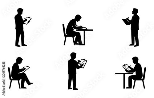 Business Professionals Silhouette Set: Diverse Poses for Note-Taking, Planning, and Analysis, Vector Icons for Corporate Concepts