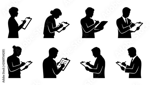 Diverse Silhouettes of People Writing on Clipboards, Business Professionals and Students, Vector Icons for Documentation and Planning
