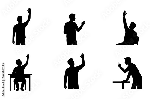 Silhouette Figures Raising Hands, Asking Questions, Vector Icons Set, Classroom Participation, Business Meeting Gestures, Human Poses