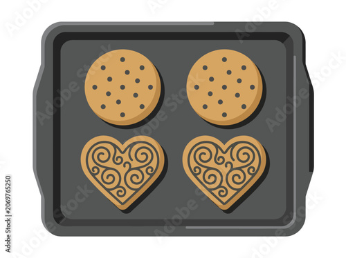 Top view vector illustration of heart and round shaped cookies on a dark baking sheet for bakery marketing and home cooking concepts