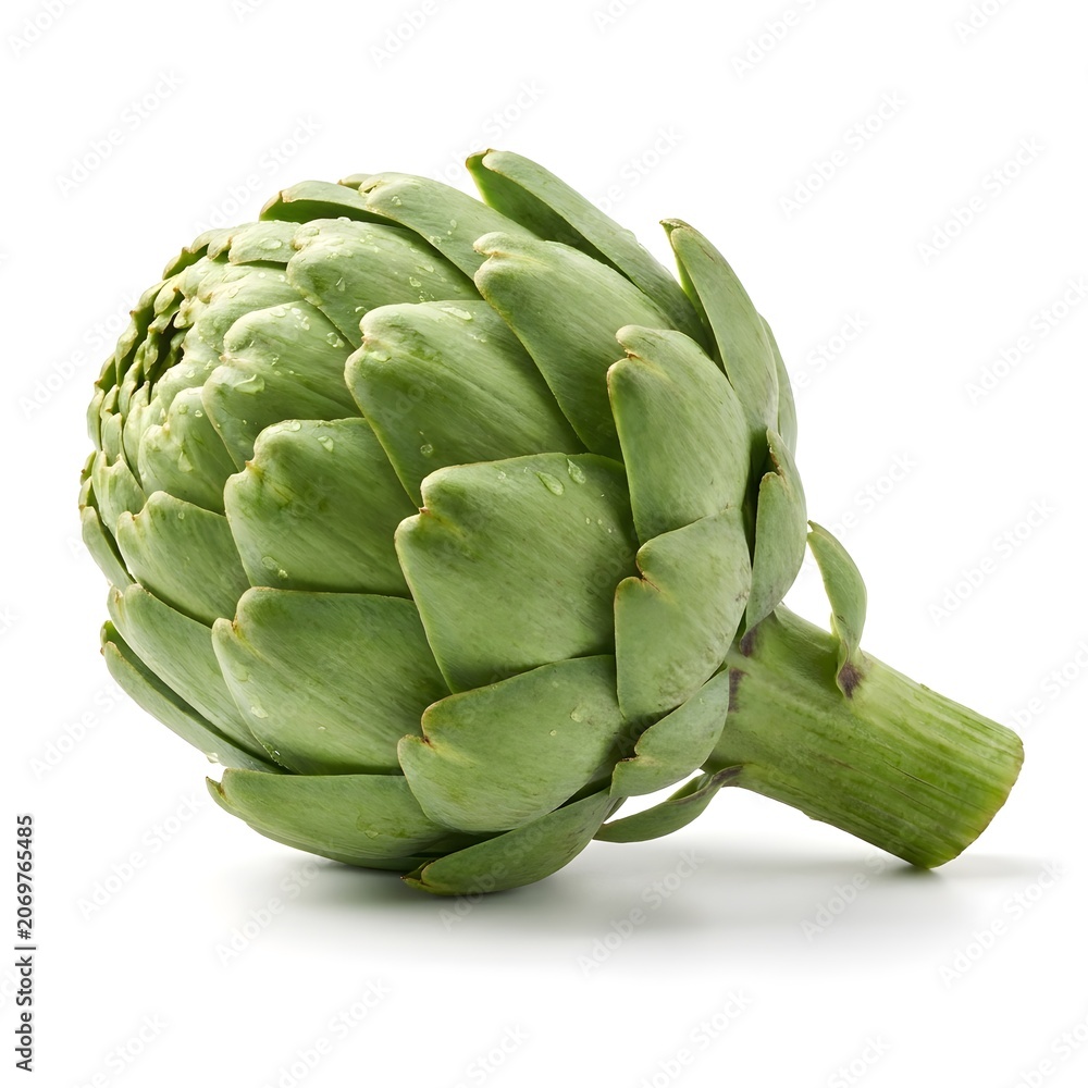 Fototapeta premium Fresh whole artichoke with stem isolated on white background close up