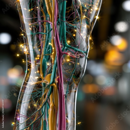 3D medical illustration of a glowing healthy vascular system and veins inside a translucent human leg on a dark cinematic background.