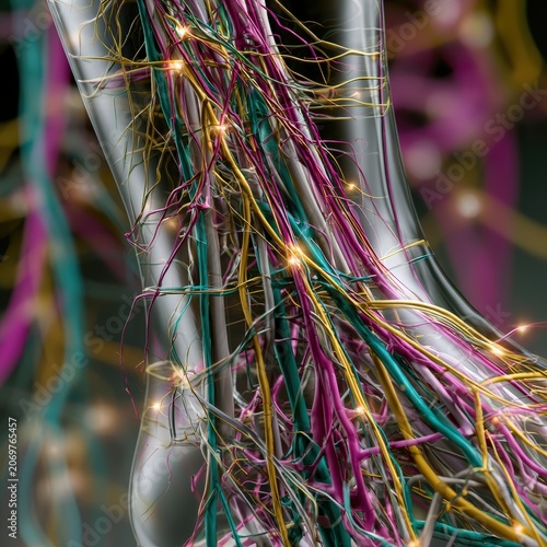 3D medical illustration of a glowing healthy vascular system and veins inside a translucent human leg on a dark cinematic background.