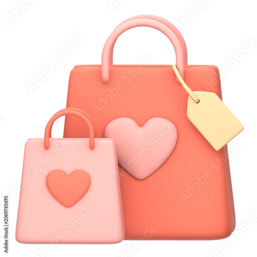 Two pink handbags with hearts and a tag are displayed.