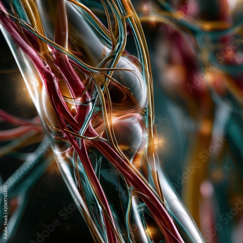 3D medical illustration of a glowing healthy vascular system and veins inside a translucent human leg on a dark cinematic background.