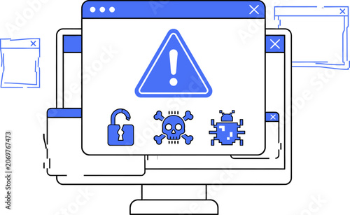 Computer screen displaying security warnings and cyber threats for web banner social media banner business presentation marketing meterial.