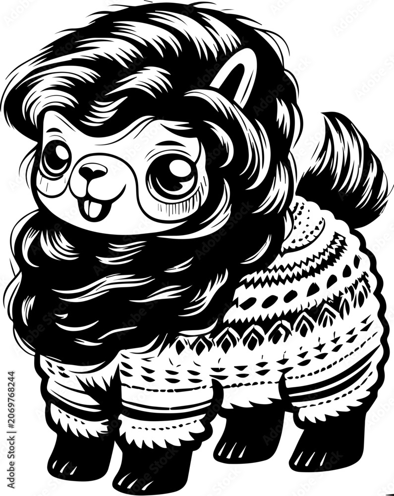 Fototapeta premium Cute New Year tattoo design, SVG with clean lines. Cartoon Alpaca with Stylish Sweater and Adorable Facial Expression
