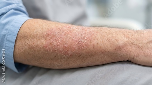 Severe Allergic Dermatitis Rash on Human Forearm: Close-up of Inflamed, Dry, and Irritated Skin Condition