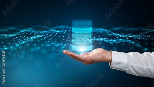 Hand holding glowing database storage cloud server network connectivity nodes data center infrastructure.
