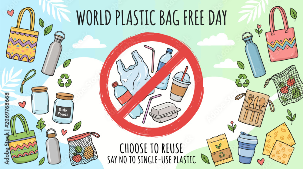Fototapeta premium World Plastic Bag Free Day banner, zero waste lifestyle illustration with reusable items, eco friendly concept for single use plastic ban
