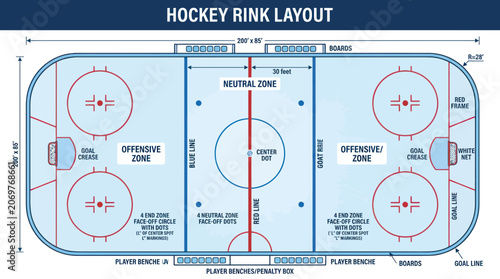 Photography Ice Hockey Rink Layout Diagram with Zones, Lines, and Markings