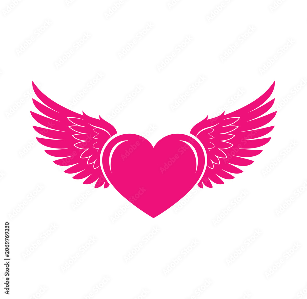 Fototapeta premium Stylized pink heart with wings illustration valentines day valentines isolated decoration minimalist emoticon creative love symbol affection romantic illustration