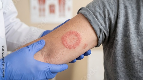 Doctor examining a patient's arm with a red circular skin rash, likely a fungal infection like ringworm or tinea corporis, in a medical clinic setting