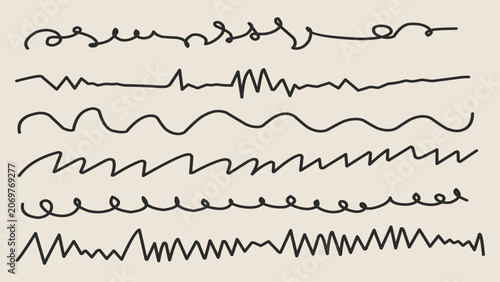 Abstract hand drawn scribble lines vector set on cream background, collection of black doodle wavy divider dividers and zigzag line border strokes for graphic design elements