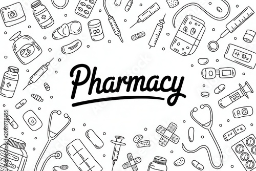 Pharmacy medical hand drawn doodle background isolated on white background