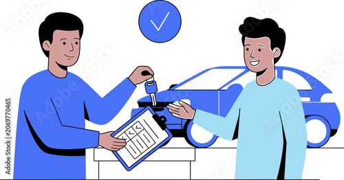 Car dealership transaction: handing over keys and documents for web banner social media banner business presentation marketing meterial.