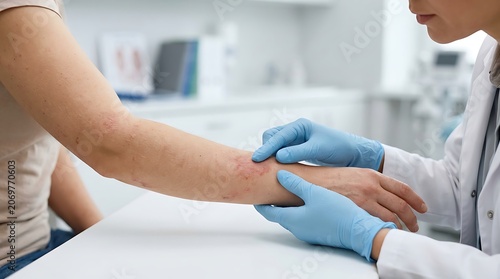 Dermatologist in blue gloves carefully examining a patient's forearm with a visible skin rash, possibly eczema or psoriasis, during a medical consu...