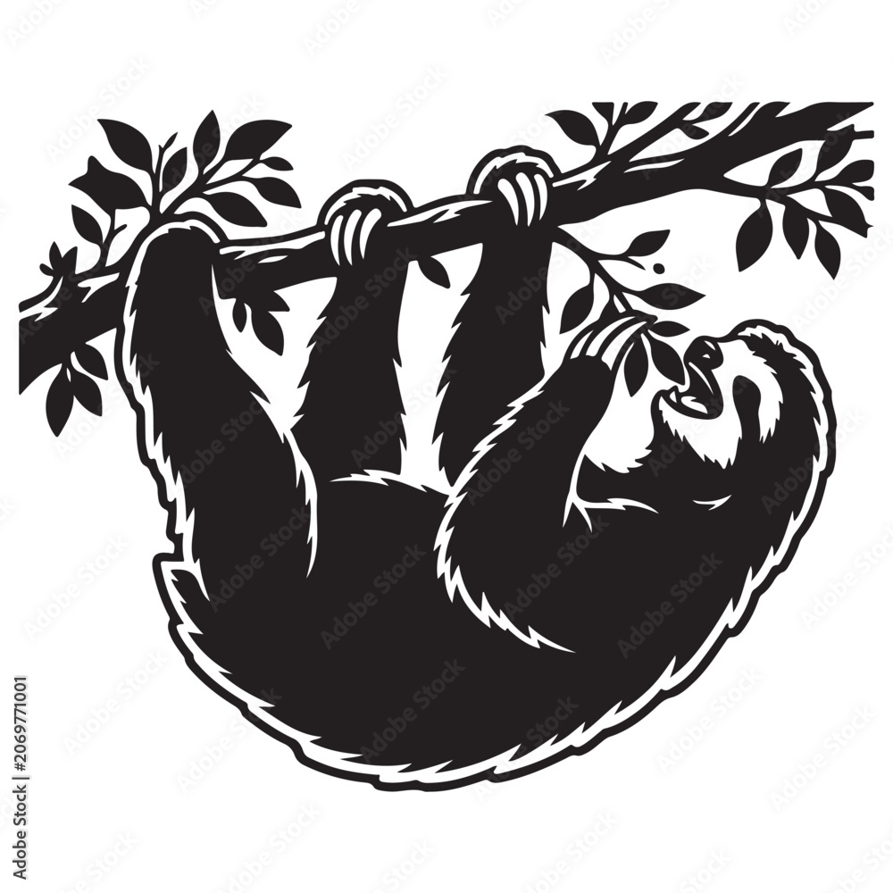 Fototapeta premium Funny Sloth Silhouette Line Art Bold Outline Hanging Jungle Animal Vector Illustration