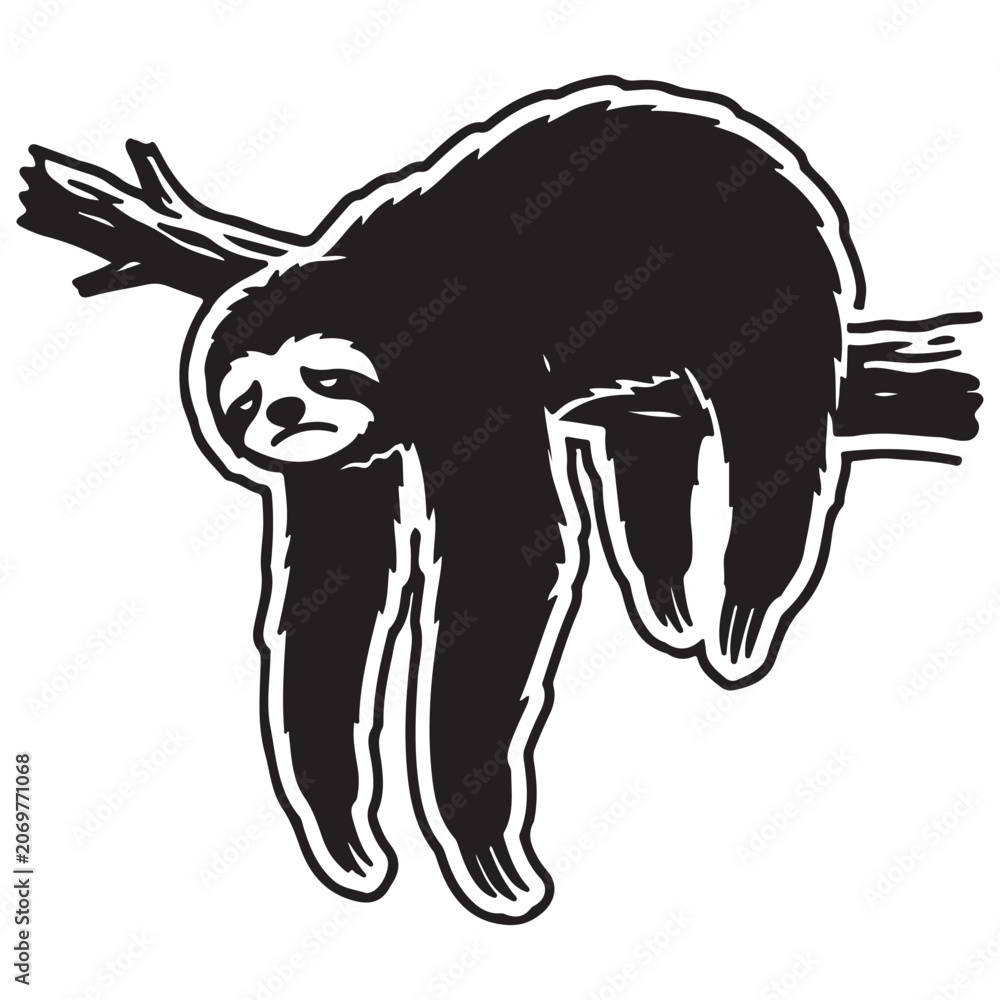 Fototapeta premium Funny Sloth Silhouette Line Art Bold Outline Hanging Jungle Animal Vector Illustration