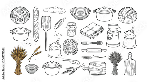 Quadro em tela Artisan bakery ingredients and tools vector collection, hand-drawn bread making