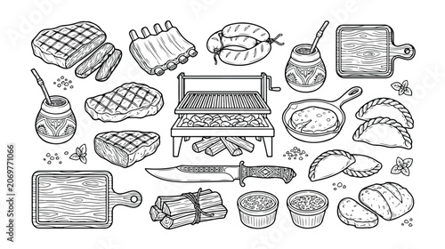 Photography Argentine BBQ Parrilla Vector Set, Traditional Asado Grill Elements, Steak, Ribs