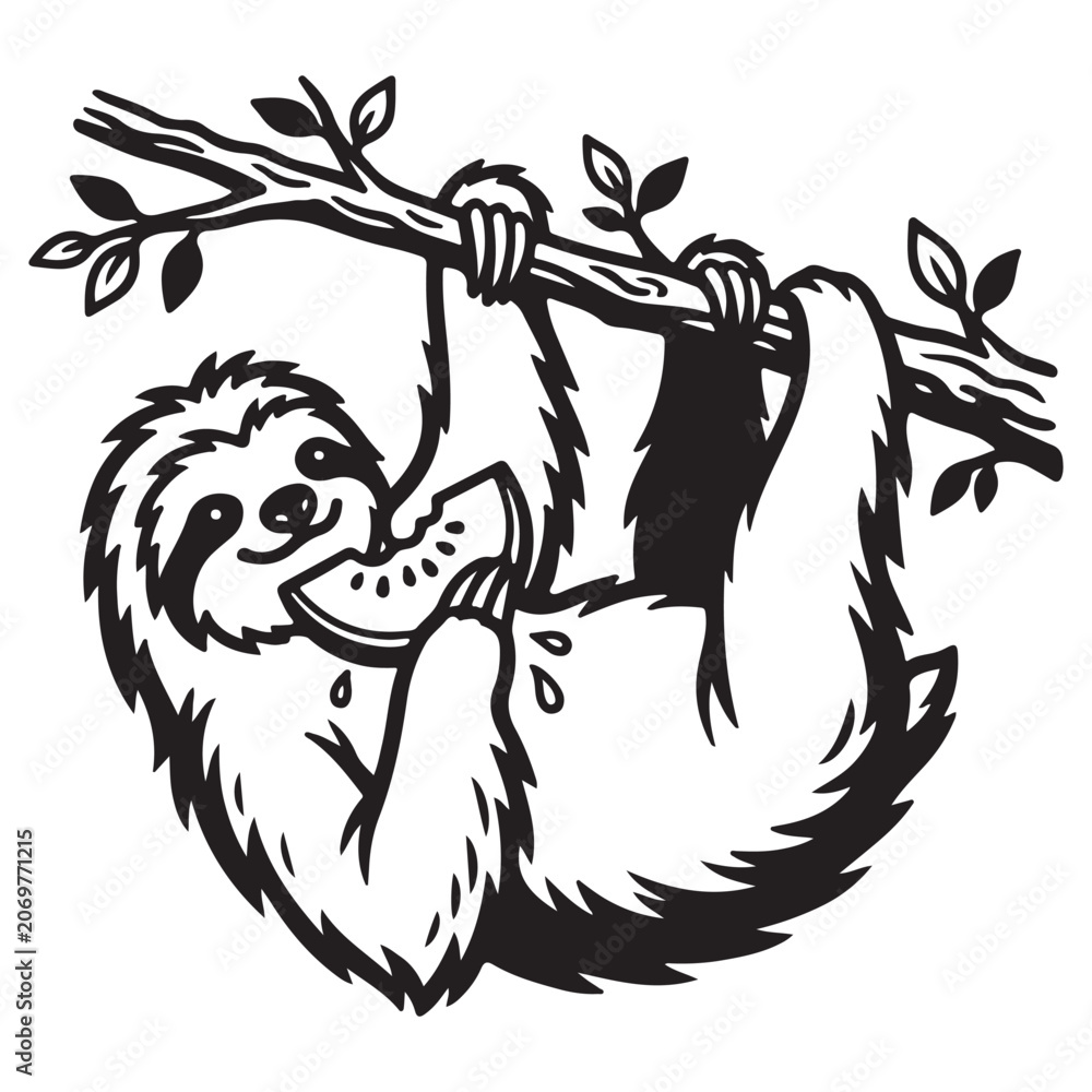 Fototapeta premium Funny Sloth Silhouette Line Art Bold Outline Hanging Jungle Animal Vector Illustration