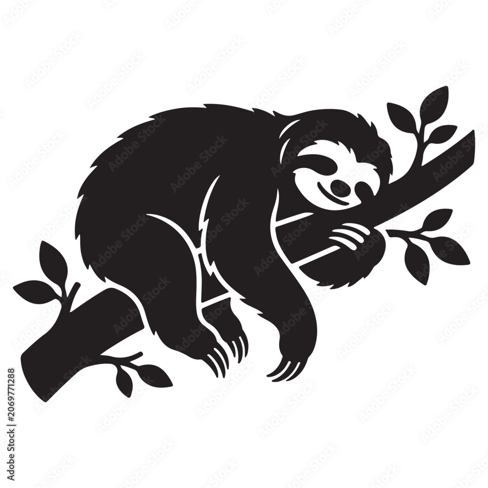 Fototapeta premium Funny Sloth Silhouette Line Art Bold Outline Hanging Jungle Animal Vector Illustration