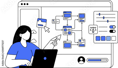 Woman designing user interface flowchart on laptop for web banner social media banner business presentation marketing meterial.