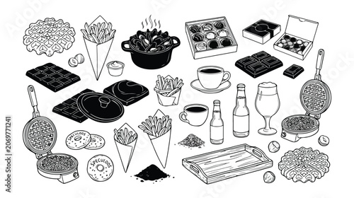 Canvastavla Belgian Food Vector Collection, Hand-Drawn Black and White Line Art, Traditional