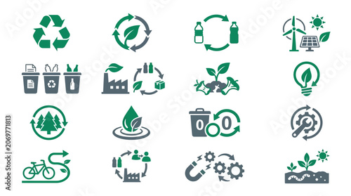 Green Sustainability Icon Set with Recycling, Renewable Energy and Circular Economy Symbols