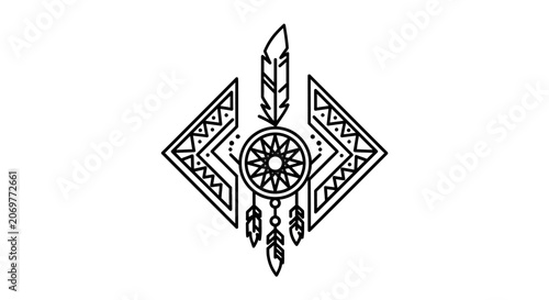 Bohemian Dreamcatcher Symbol with Feathers and Geometric Patterns
