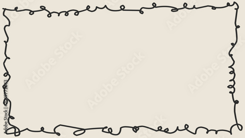 Abstract hand drawn scribble line border frame vector on cream background, minimalist black doodle curly rectangle edge box design element for card decoration with copy space