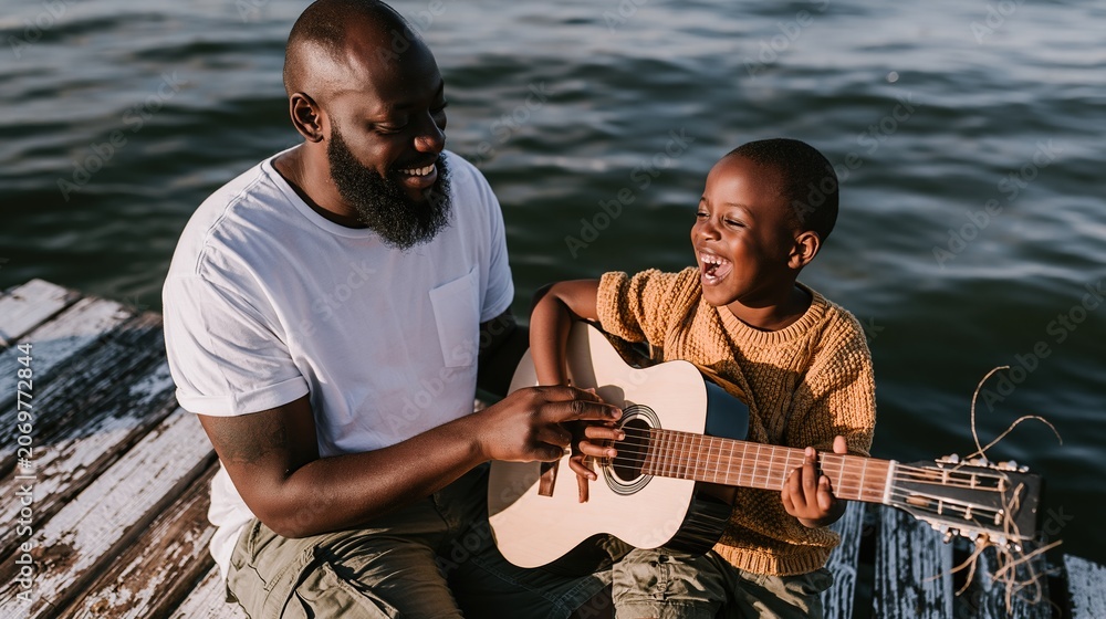 Fototapeta premium A Black father teaching his young child to play guitar on a weathered lakeside dock, capturing a candid and joyful moment of bonding for family and lifestyle themes