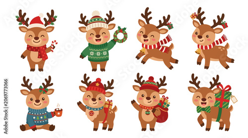 Seven cartoon reindeer wearing clothes and accessories are playing.
