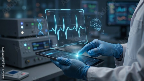 Medical professional checking heart rate and dna data using advanced tablet in dark laboratory setup.