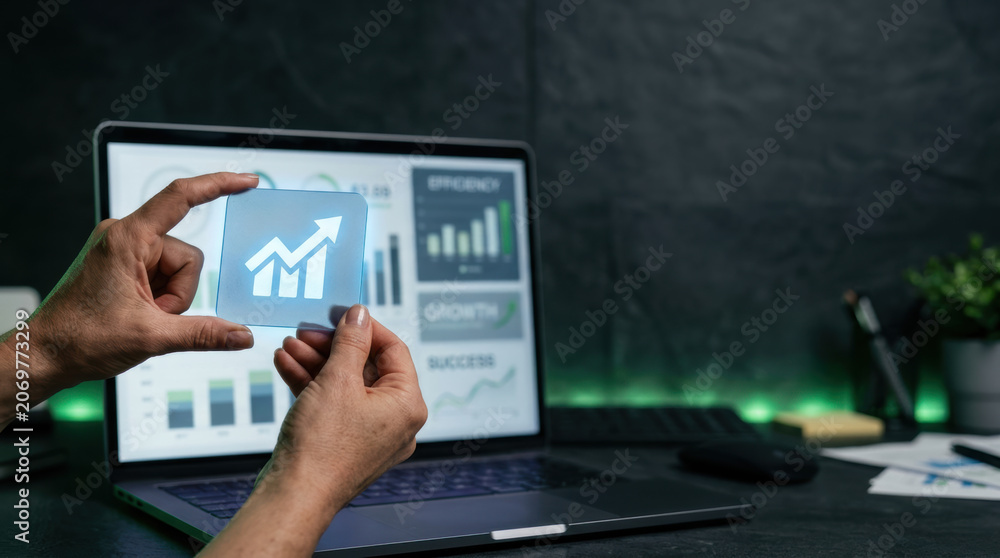 Fototapeta premium Digital marketing e commerce growth analytics icon held hands showing upward trend and business