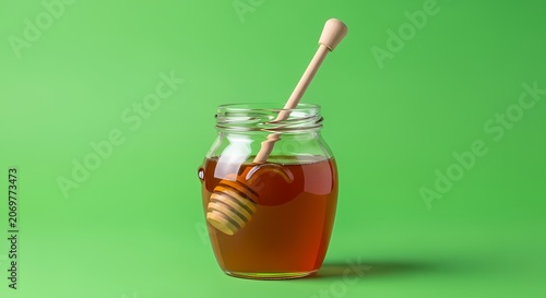 Golden honey in glass jar with wooden dipper on vibrant green background