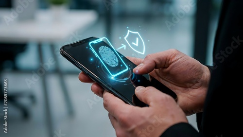 Person using smartphone for secure fingerprint authentication and digital identity protection service.