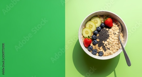 Healthy Breakfast Bowl: Oats, Berries, Cucumber, Chia Seeds, Spoon, Top View