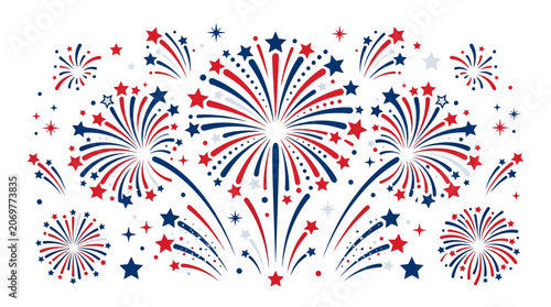 Fireworks explode in nighttime sky with red white and blue stars and stripes patterns