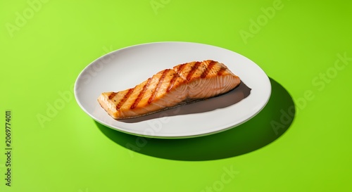 Grilled Salmon Fillet on White Plate, Vibrant Green Background
