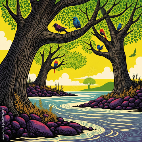 naive folk art painting of birds in trees over river