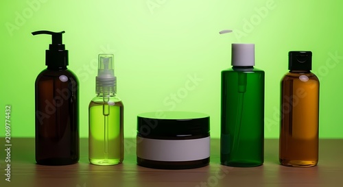 Cosmetic Bottles & Jar - Skincare Products - Green Background