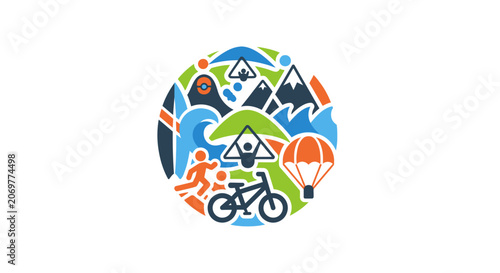 Bicycle with Adventure Travel Icons Combined.