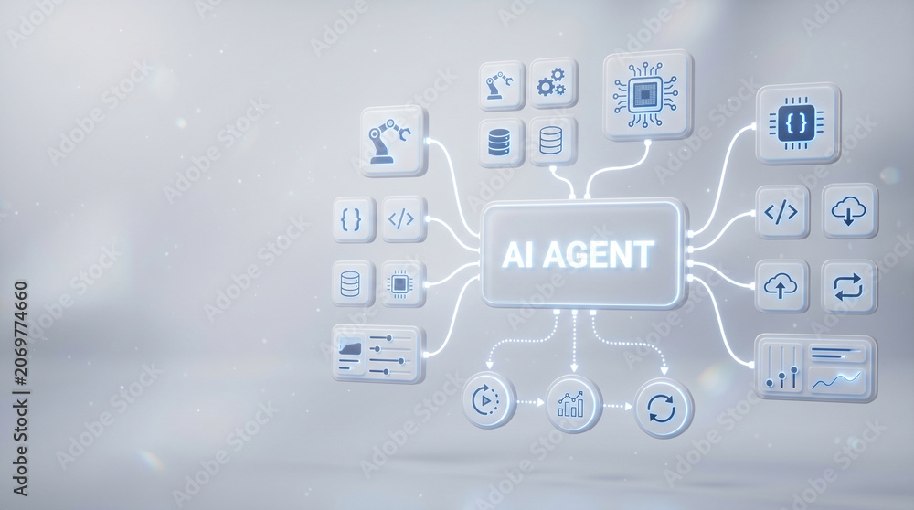 Fototapeta premium Futuristic AI workflow interface featuring connected automation modules, data systems, and technology nodes, visualizing intelligent orchestration, process automation, and enterprise AI operations.